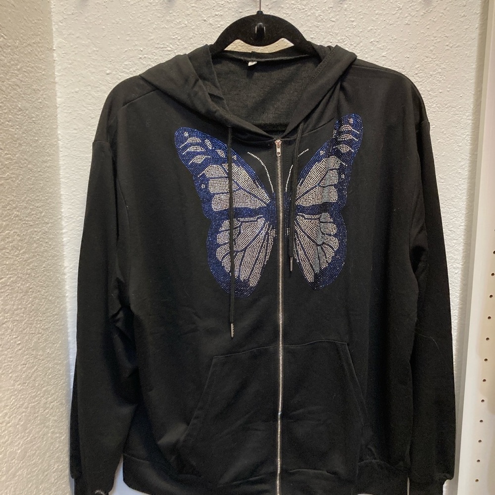 Womens black rhinestone butterfly zip up hoodie